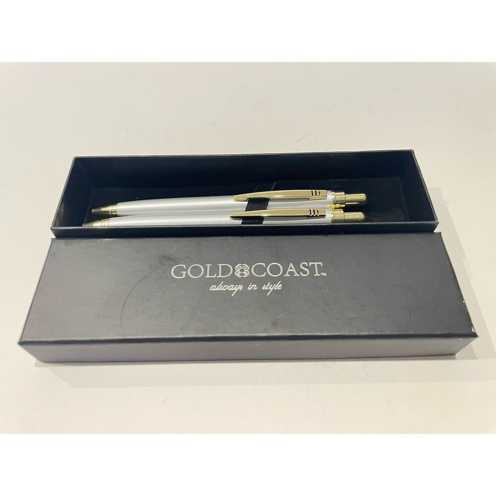 Gold Coast Silver  & Gold Push Pen Pencil Set – Vintage Gift Boxed – Black Ink